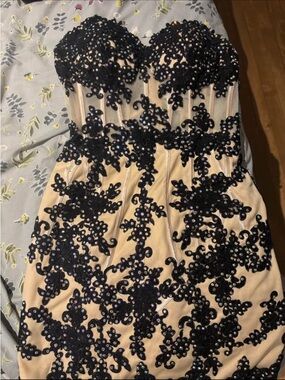 Angela & Alison Strapless Nude Dress with Black Lace & Sequin Detail